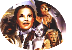 oval illustration of triumphantly smiling Dorothy plus companions