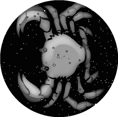 star chart with pale image of crab superimposed on Cancer constellation